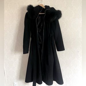 Bebe long black coat with hood and belt